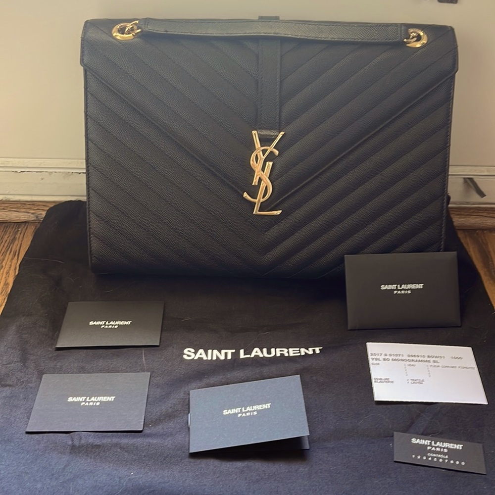 YSL large Black caviar leather envelope convertible handbag, shoulder& Crossbody